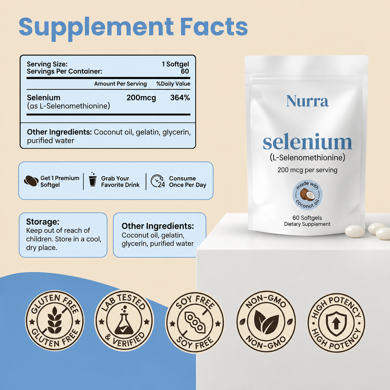 Nurra Selenium 200mcg with Coconut Oil